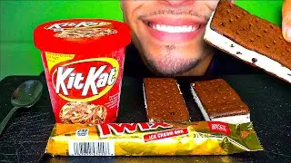 KITKAT TWIX ICE CREAM SANDWICHES COOKIES AND CREME CHOCOLATE CHIP BAR CANDY EATING SOUNDS