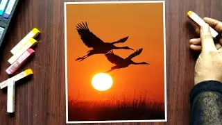 Easy steps, how to draw Flying Geese in the Sunset - Soft Pastel Easy Drawing - Sunset Painting Easy