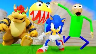 Pacman Sonic Baldi and Spiderbaldi vs Bowser in the Maze