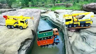 Dumper And Tipper Accident Biggest Waterfall River Pulling Out Double Crane ? Cartoon video CS Toy