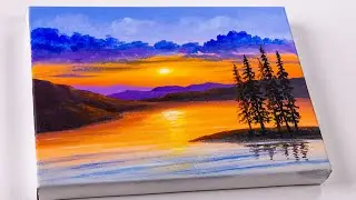 sunset by the lake acrylic painting | landscape painting | Easy painting