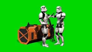 Star Wars storm trooper talking in front of a gun crate - green screen - free use