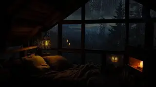 Cozy Wooden House with Crackling Fire at Night Forest and The Rain Falling