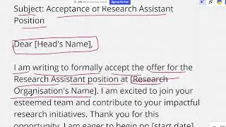 you have been offered job as research assistant in research organisation. write letter of acceptance