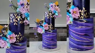 Bold and Beautiful Purple Marble Cake | Easy and Clean Gold Stenciling | Triangle Floral Arrangement