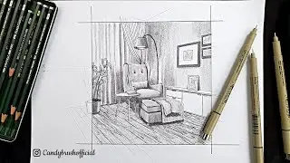 Drawing A Reading Corner in A Living Room In Two Point Perspective | Timelapse