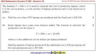 2022 Maths Standard 2 HSC Q22 Model & solve worded manufacturing cost problem using linear equations