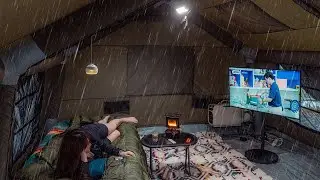 RAIN and STORM Camping in AIR TENT that is more cozy and relaxing than home. ASMR