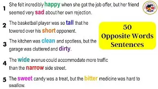 50 Opposite Words and Example Sentences, Opposite Antonym Words Vocabulary 