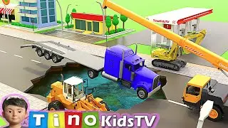 Trailer Truck Rescue - Mobile Crane, Mixer and Dump Trucks for Kids | Road Sink Hole Repair