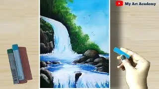 Soft Pastel Drawing - Easy and Creative blending Technique to draw Waterfall Scenery (step by step).