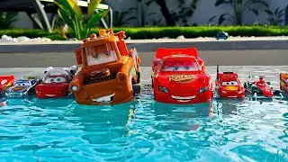 Disney Pixar Cars falling into deep pool, Lightning McQueen, Tow Mater, Mack, Sally, Francesco