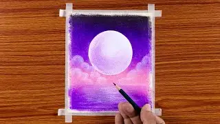 Beautiful Riverside Moonlight Scenery / Oil Pastel Drawing / Step by Step