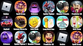 Roblox,Spell Arena,Grimace Monster DOP Story,Spider Fighter 2,Bomber Friends,Prankster 3D,Asphalt