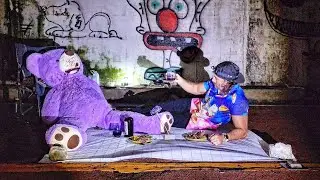 CAMPING IN ABANDONED TUNNEL WITH A GIANT PURPLE BEAR