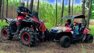 Thanos on Monster-Quad Bike VS Den and Mom ride on the kids Buggy