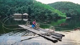 Beautiful girl makes fish trap placed on lake and the result is amazing