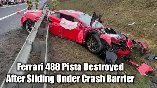 Ferrari 488 Pista Destroyed, Slammed Head-First Into Crash Barrier.