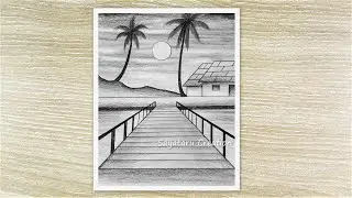 Sunset Bridge Scenery Drawing with Pencil, Step by step pencil drawing