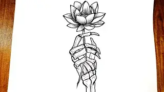 How to draw a skeleton hand with lotus flower