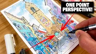 Urban Sketching Tutorial Step By Step - Street In ONE POINT PERSPECTIVE!