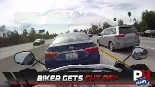 A Biker Got Cut Off And A Free Ride On The Back Of A Toyota