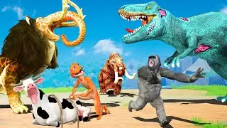 Monster Lion Mammoth vs Zombie Dinosaur Fight Cow Cartoon Rescue Saved By Woolly Mammoth Wild Animal