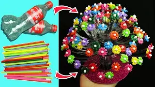 DIY recycle plastic bottles flower vase easy - straw flower vase crafts