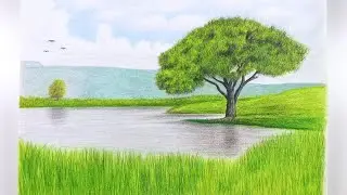 How To Draw A Landscape With Colored Pencils || Tree Drawing - Speed Drawing