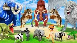 10 Zombie Lion Crocodile Dinosaur vs 10 Gaint Elephant Cow Gorilla Baby Elephant Animal Cartoon Figh