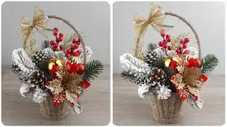 New Year's composition in a jute basket. Christmas decor