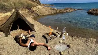 SURVIVAL CHALLENGE - NO FOOD, NO WATER ON AN ISLAND. Catch and Cook - FISHING. Bushcraft Camping