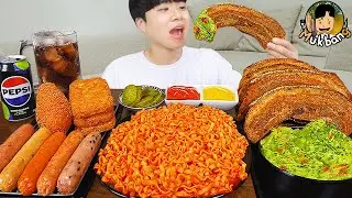 ASMR MUKBANG 직접 만든 대왕 소세지 까르보 불닭볶음면 핫도그 통삼겹 먹방 & 레시피 FIRE NOODLES AND SAUSAGE EATING SOUND!