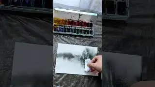 Черная акварель с потеками. Туман над рекой после дождя 