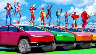 ALL RED SUPERHEROES TEAMUP (SPIDERMAN , POWERRANGERS ,HULK,...) | EPIC TESLA CYBERTRUCK Racing #1018