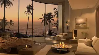 Luxury Seaside Bedroom at Sunset in Autumn Smooth Jazz Music with Fireplace Sounds for Relax, Sleep