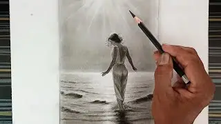 Pencil drawing landscape of a girl on sunlight beach .