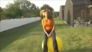 girl bouncing on yellow hoppity ball with cartoon sound effects