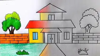 Beautiful House of Scenery Drawing for Beginners || Painting