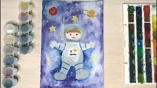 Гуашь, акварель. Космонавт.