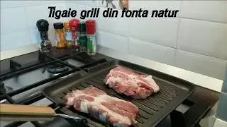 Tigaie grill de fonta cu maner de lemn