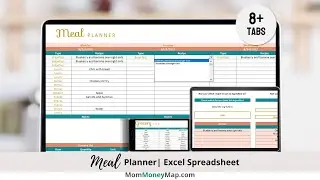 Meal Planner with Automated Grocery List Spreadsheet (Excel) - Teal and Gold