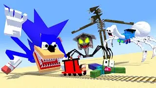 Cursed Shin Sonic vs Siren Head, Cursed House Head and Boss choo-choo train : Minecraft Animation