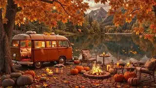 Nostalgic Jazz Piano Music 🍂 Cozy Autumn Lakeside Ambience ~ Warm Jazz Music & Falling Autumn Leaves