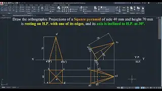 Square Pyramid resting on H.P. with edge and axis inclined to H. P. at 30