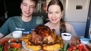 МУКБАНГ КУРИЦА ГРИЛЬ, КАРТОФЕЛЬ ПО-ДЕРЕВЕНСКИ, ОВОЩИ, СОУСЫ/MUKBANG