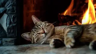 Purring cat and a crackling Fireplace | Home calm and comfort ASMR