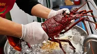 Thai Food - GIANT RED LOBSTER WRAPPED IN EGG NET OMELETTE Aoywaan Bangkok Seafood Thailand
