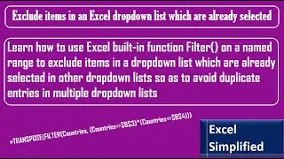 Exclude items in an Excel dropdown list which are already selected using FILTER function