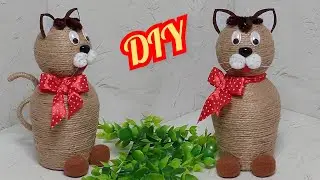 A CHARMING CAT MADE OF JUTE. Crafts made of jute. DIY crafts.